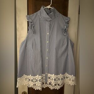 Tommy Hilfiger Blue/White Striped Sleeves Blouse, 1X